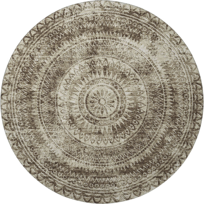 8' Medallion Washable Round Rug With UV Protection (644895) - Brown / Ivory