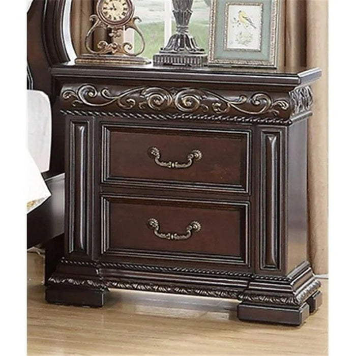 Giga cherry wood 2-drawer nightstand with carved details, modern accent bedside table for bedroom storage and decor.