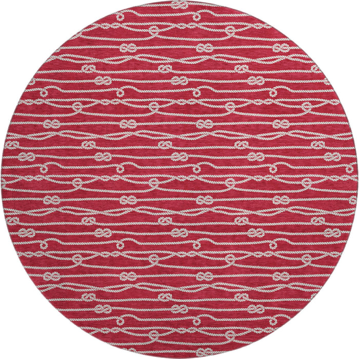 8' Nautical Washable Round Rug With UV Protection - Red / Ivory