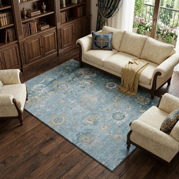 10' X 14' Oriental Washable Area Rug With UV Protection (693282) - Teal / Gold / Ivory