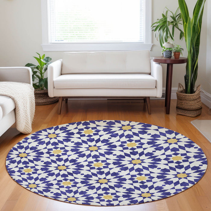 8' Geometric Washable Round Rug With UV Protection - Navy Blue