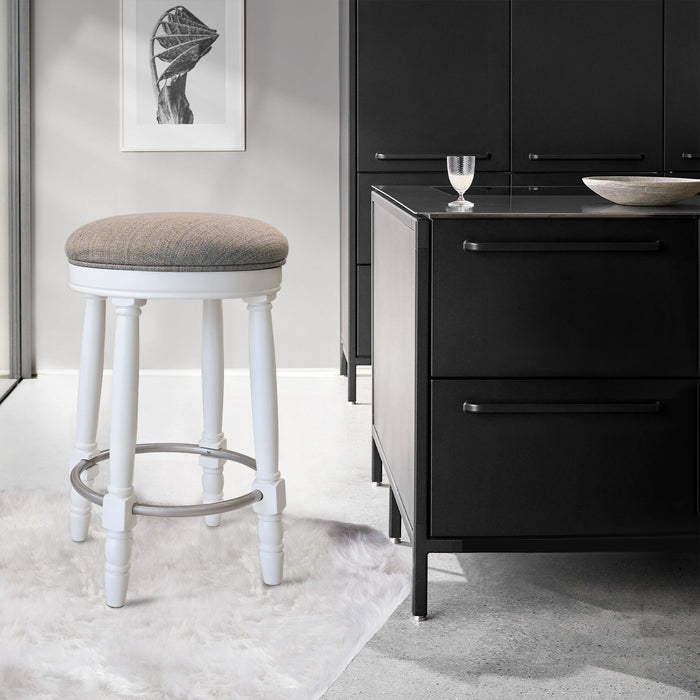 Set of two Giga 360° swivel wooden barstools with upholstered seats, counter height, modern design for kitchen or bar area.