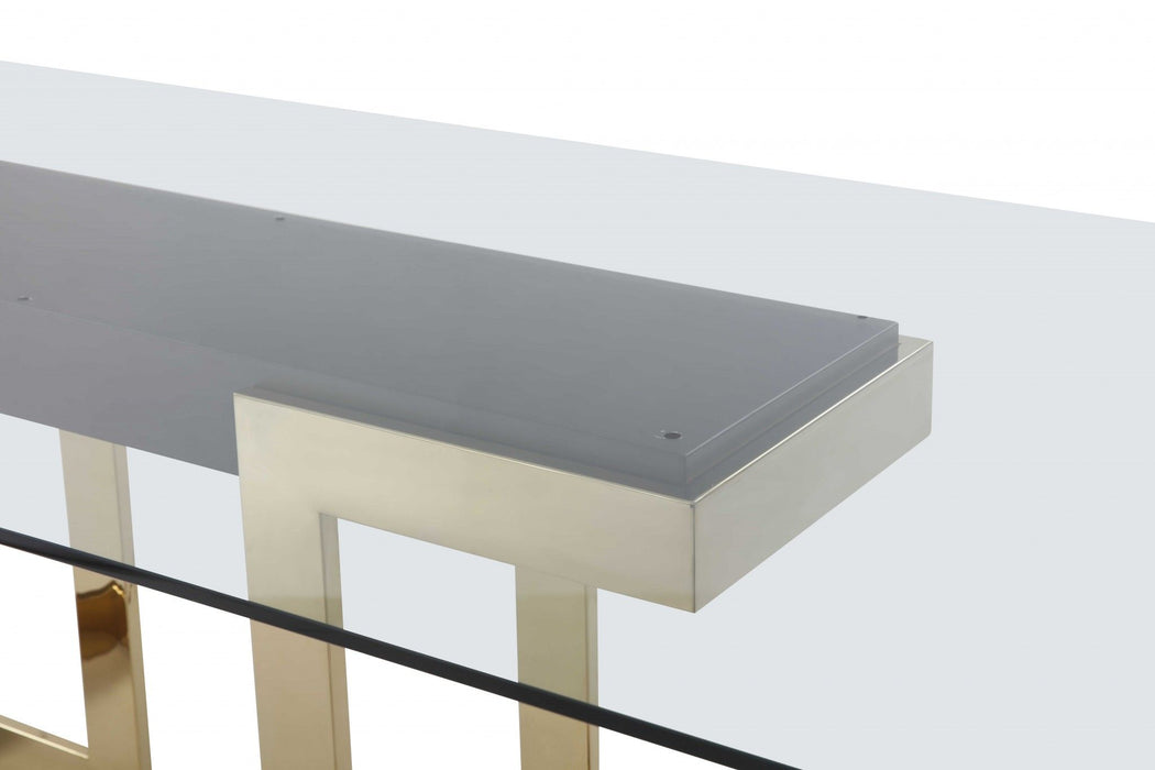 87" Glass And Stainless Steel Double Pedestal Base Dining Table - Clear / Gold