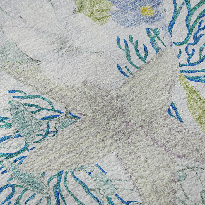 8' X 10' Geometric Washable Area Rug With UV Protection (645694) - Aqua / Ivory / Green