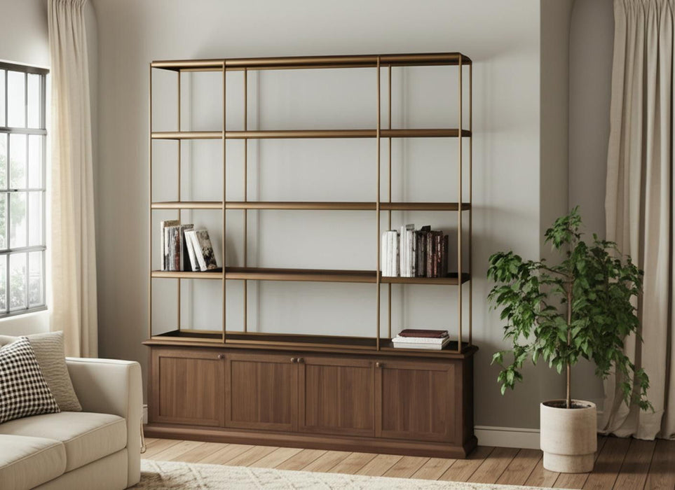 Four Tier Bookcase With Four Doors - Antiqued Brass / Brown