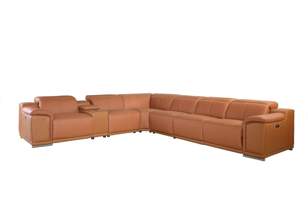 Italian Leather Power Reclining Seven Piece Corner Sectional With Console - Camel