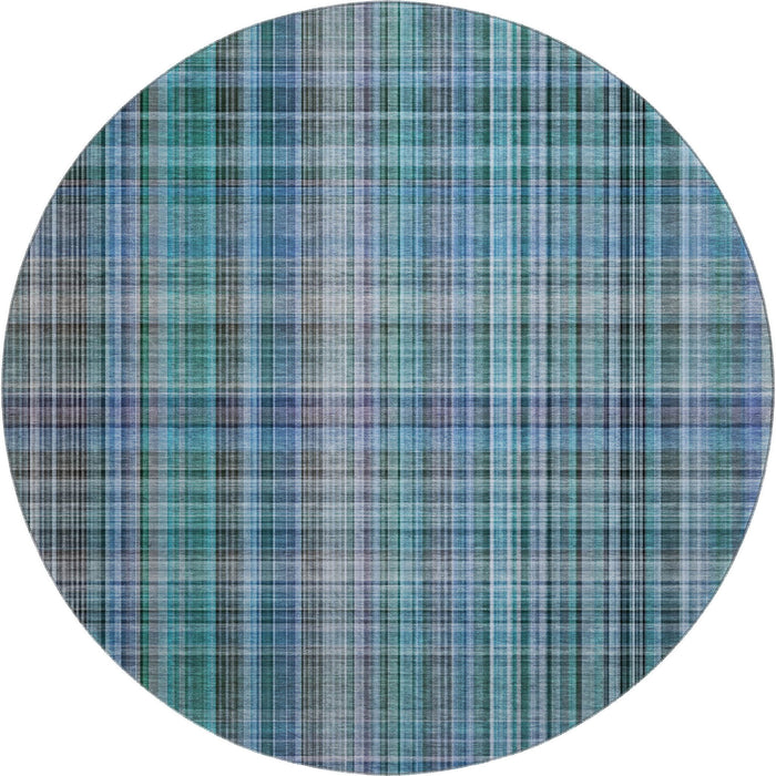 8' Plaid Washable Round Rug With UV Protection (648307) - Teal / Gray