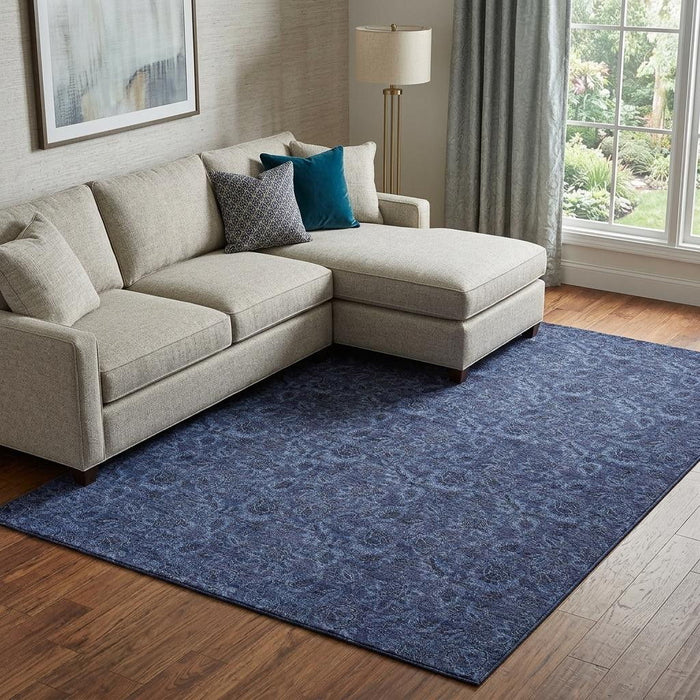 10' X 14' Floral Washable Area Rug With UV Protection (655072) - Navy Blue / Charcoal