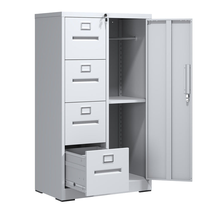Steel Giga metal filing cabinet with four drawers, lockable door, ideal for school or office storage.