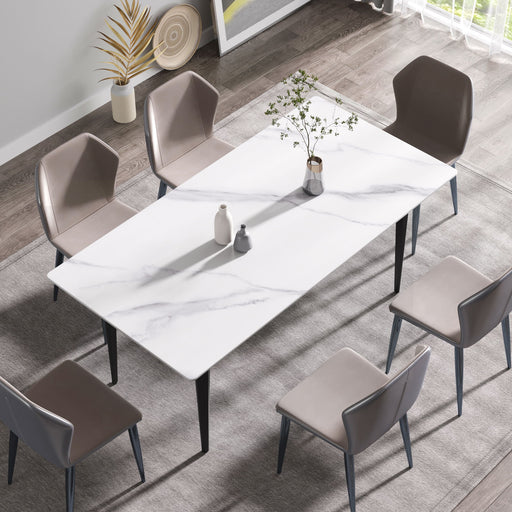 Modern Giga 70.87-inch artificial stone dining table with white top and black metal legs, seats 6-8 people, straight edge design.