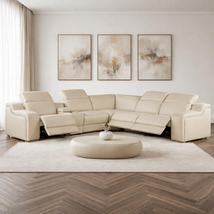 Italian Leather Power Reclining Curved Six Piece Corner Sectional With Console - Beige