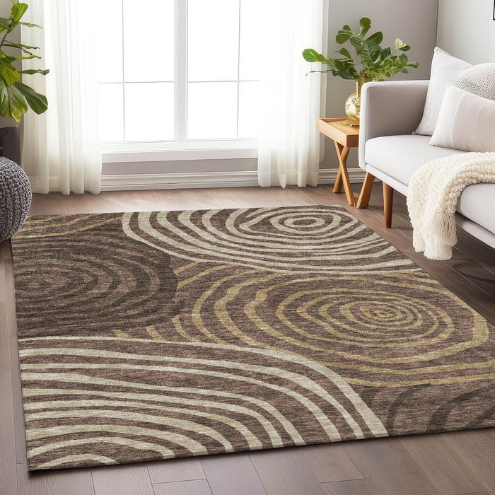 10' X 14' Abstract Washable Area Rug With UV Protection - Brown / Ivory