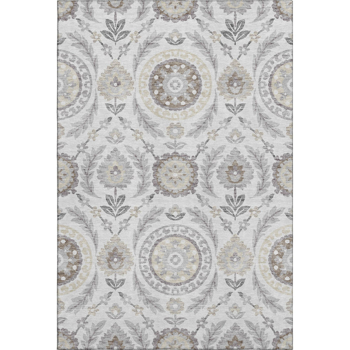 8' X 10' Floral Washable Area Rug With UV Protection - Silver And Beige