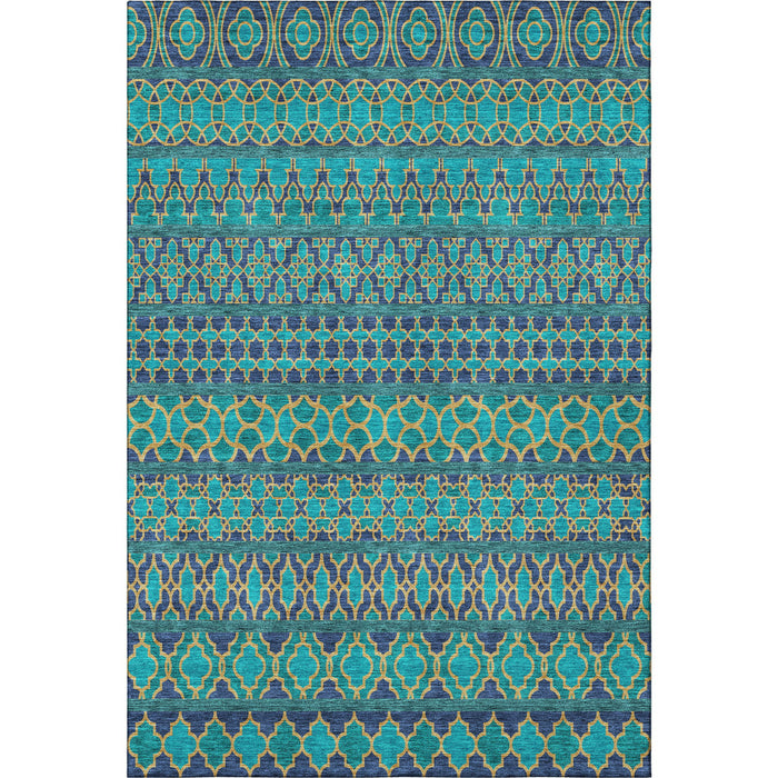 8' X 10' Ikat Washable Area Rug With UV Protection - Teal And Gold