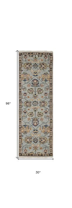 8' Oriental Hand Knotted Runner Rug With Fringe - Gray And Gold