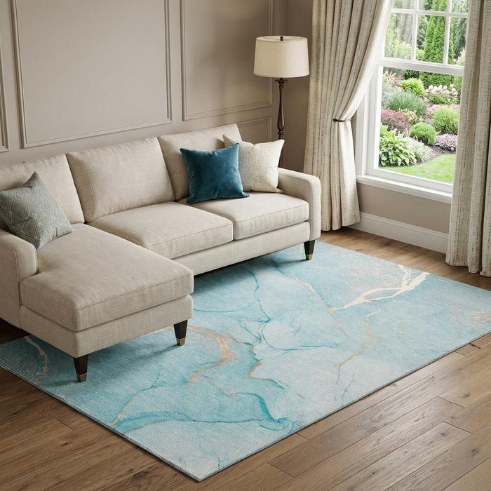 10' X 14' Abstract Washable Area Rug With UV Protection (646972) - Teal / Ivory