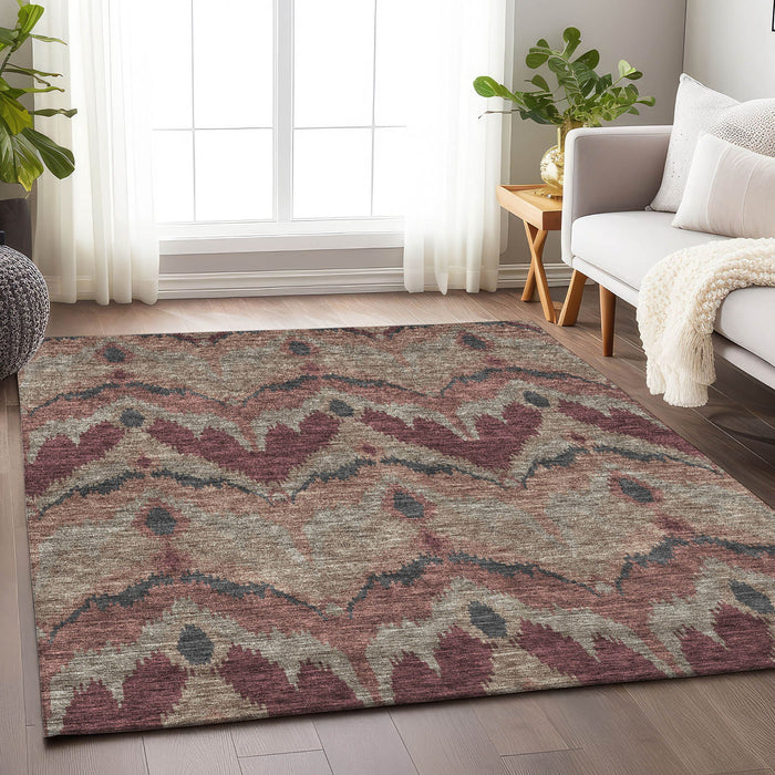 10' X 14' Ikat Washable Area Rug With UV Protection - Burgundy