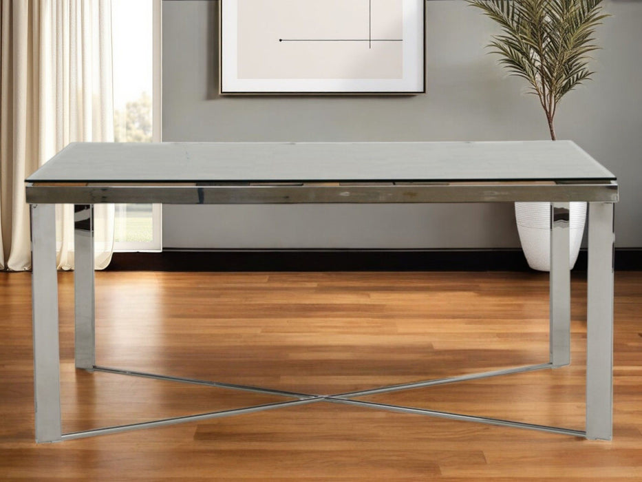 80" Solid Wood And Stainless Steel Trestle Base Dining Table - Silver