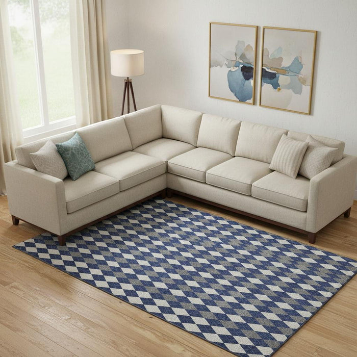 10' X 14' Geometric Washable Area Rug With UV Protection (701695) - Navy Blue / White / Gray