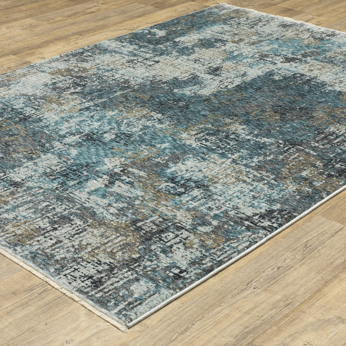 7' X 10' Abstract Distressed Area Rug With Fringe - Blue And Gray