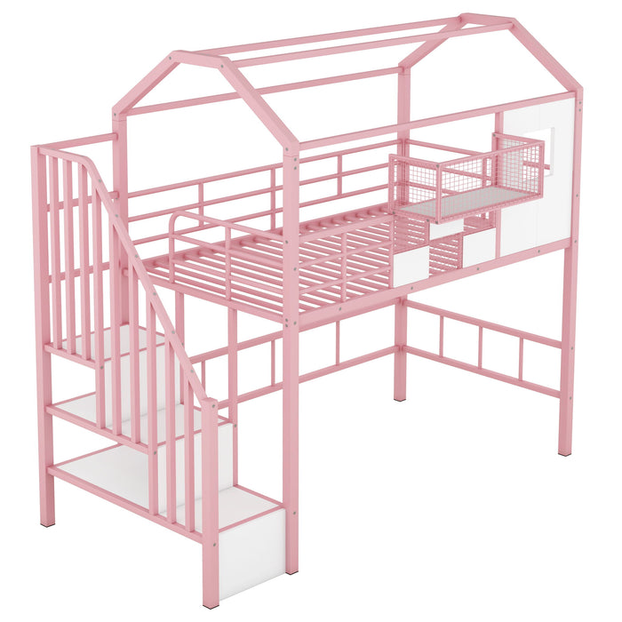 Giga metal loft bed with roof design, guardrails, integrated ladder, and storage box for kids' bedroom safety and fun.