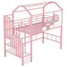 Giga metal loft bed with roof design, guardrails, integrated ladder, and storage box for kids' bedroom safety and fun.