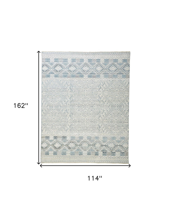 10' x 13' Geometric Hand Knotted Area Rug - Ivory Blue And Gray