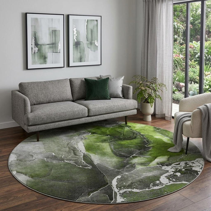 8' Abstract Washable Round Rug With UV Protection (646677) - Green / Charcoal