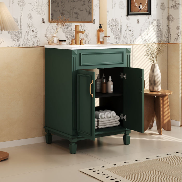Giga bathroom vanity with top sink and cabinet featuring two soft-closing doors, modern design and wood finish.
