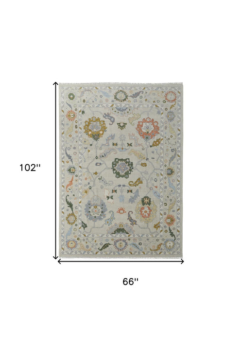 6' x 9' Wool Floral Hand Knotted Area Rug With Fringe - Gray Ivory And Gold