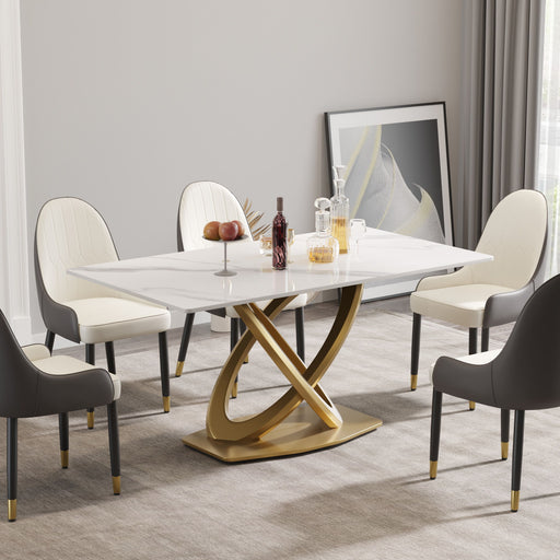 Giga 63-inch modern dining table with white artificial stone top, gold accents, double-ring stainless steel legs, seats 6-8 people