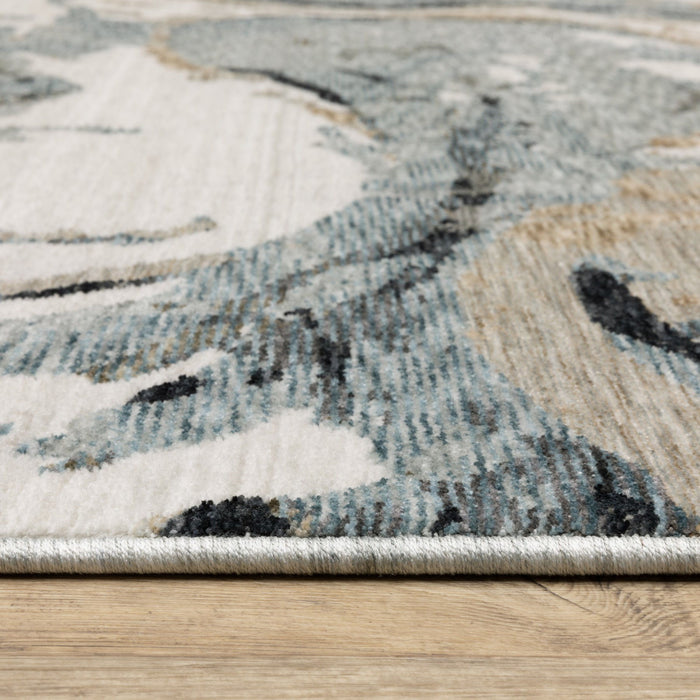 10' X 13' Abstract Area Rug With Fringe (575140) - Blue / Black / Ivory