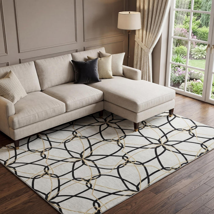 10' X 14' Geometric Washable Area Rug With UV Protection (675558) - White / Black / Gold