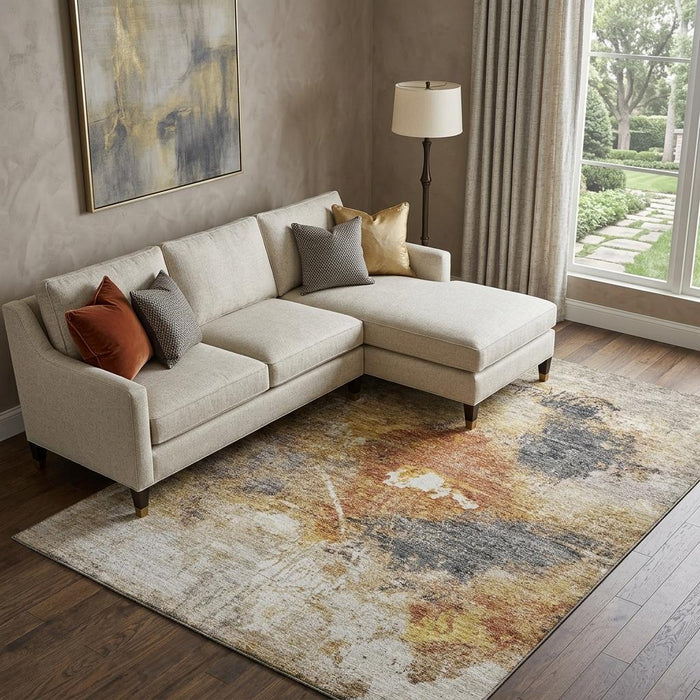 10' X 14' Abstract Washable Area Rug With UV Protection (688316) - Taupe / Gold / Blue