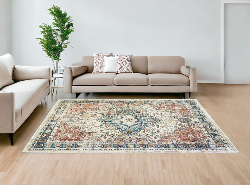 8' x 10' Oriental Distressed Area Rug With Fringe - Beige