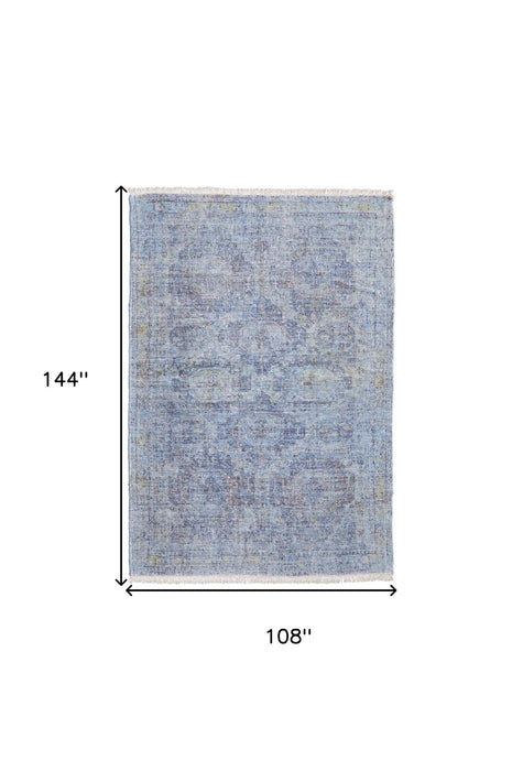 9' X 12' Abstract Hand Woven Distressed Area Rug With Fringe - Blue And Ivory