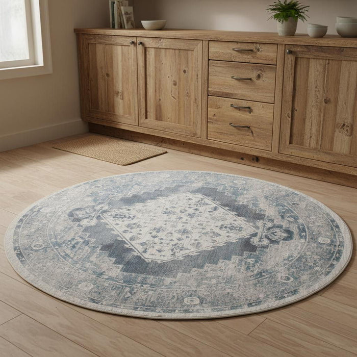 4' Oriental Distressed Round Rug (573775) - Charcoal / Blue / Ivory
