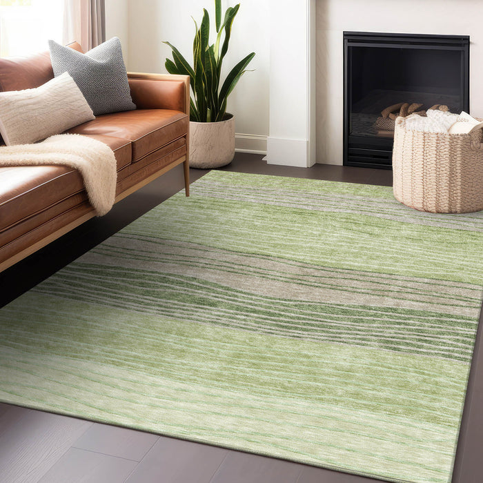 9' X 12' Striped Washable Area Rug With UV Protection - Artichoke Green And Taupe