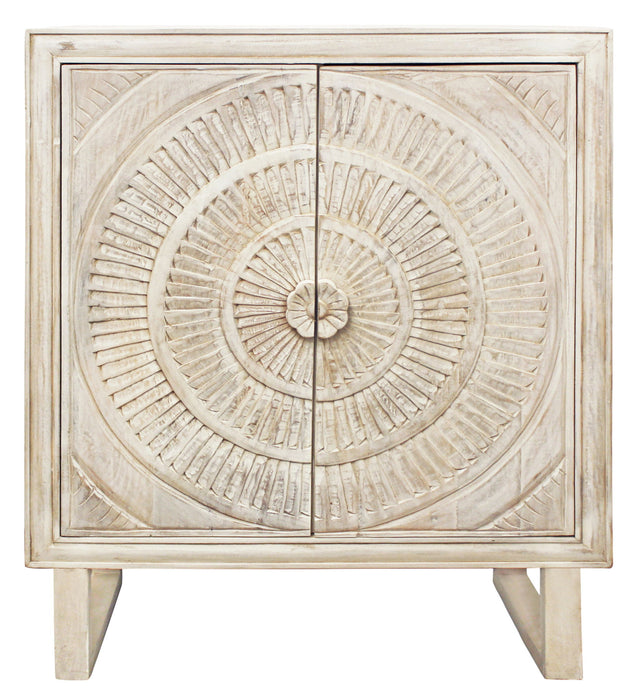 Solid Wood Two Door Floral Carved Accent Cabinet - Distressed White