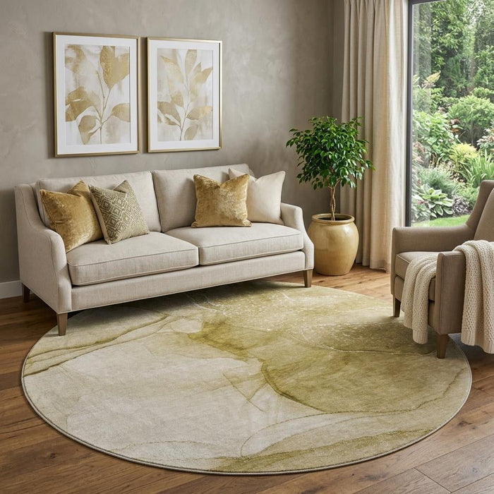 8' Abstract Washable Round Rug With UV Protection (646849) - Beige / Ivory