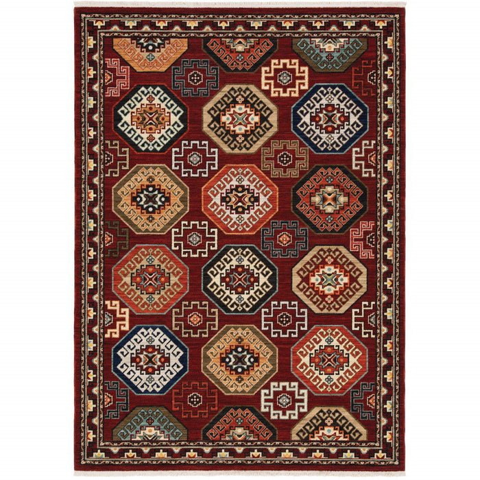 10' x 13' Oriental Power Loom Stain Resistant Area Rug With Fringe - Red Blue Brown And Beige