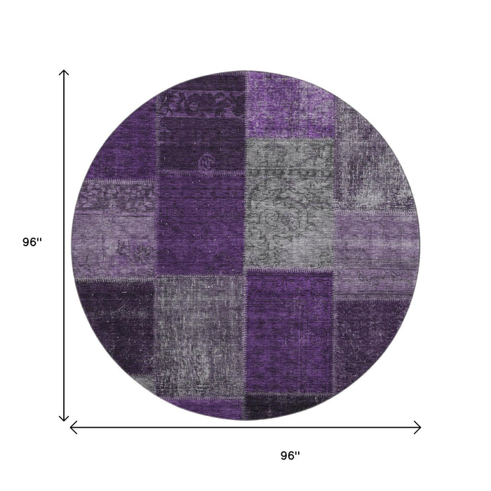 8' Patchwork Washable Round Rug With UV Protection (655165) - Eggplant / Gray / Purple