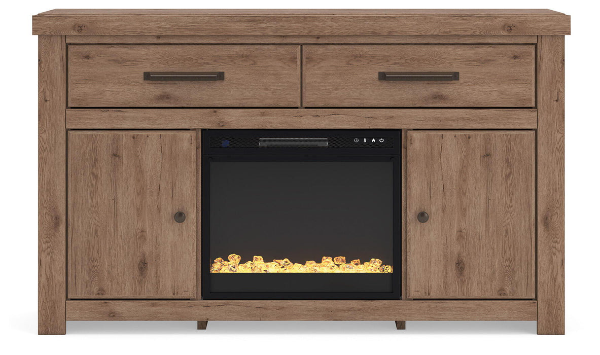 Signature Design by Ashley Garistyn TV stand with built-in fireplace, modern wood finish and ample storage space.