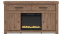 Signature Design by Ashley Garistyn TV stand with built-in fireplace, modern wood finish and ample storage space.