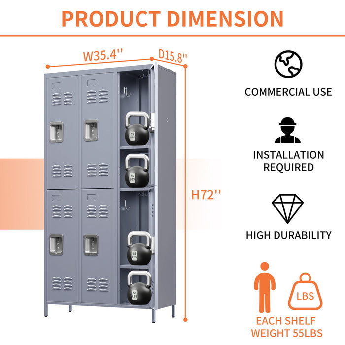 Gray Giga 6-door metal lockers with locks, ideal for employees, storage at home, gym, office, school, or garage.