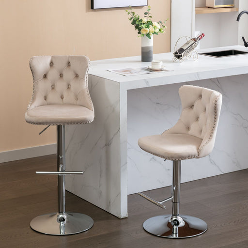 Set of 2 Giga modern upholstered swivel barstools with adjustable height, tufted backs, for home pub or kitchen island seating.
