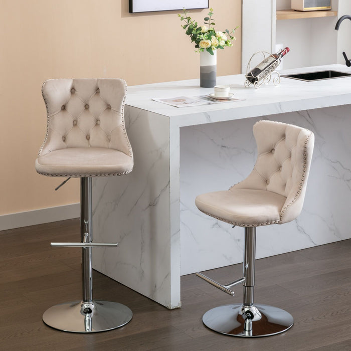 Set of 2 Giga modern upholstered swivel barstools with adjustable height, tufted backs, for home pub or kitchen island seating.