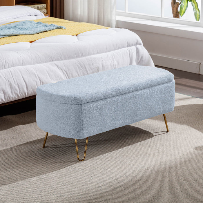 Giga storage ottoman bench with modern camel faux fur upholstery, padded top, and built-in storage for bedroom or living room use.