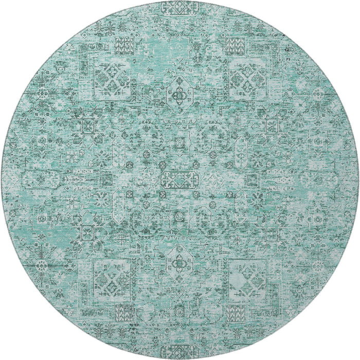 8' Floral Washable Round Rug With UV Protection (651217) - Teal / Ivory