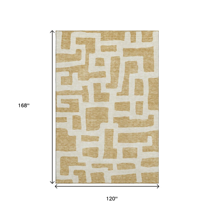 10' X 14' Abstract Geometric Washable Area Rug With UV Protection (671792) - Gold / Ivory